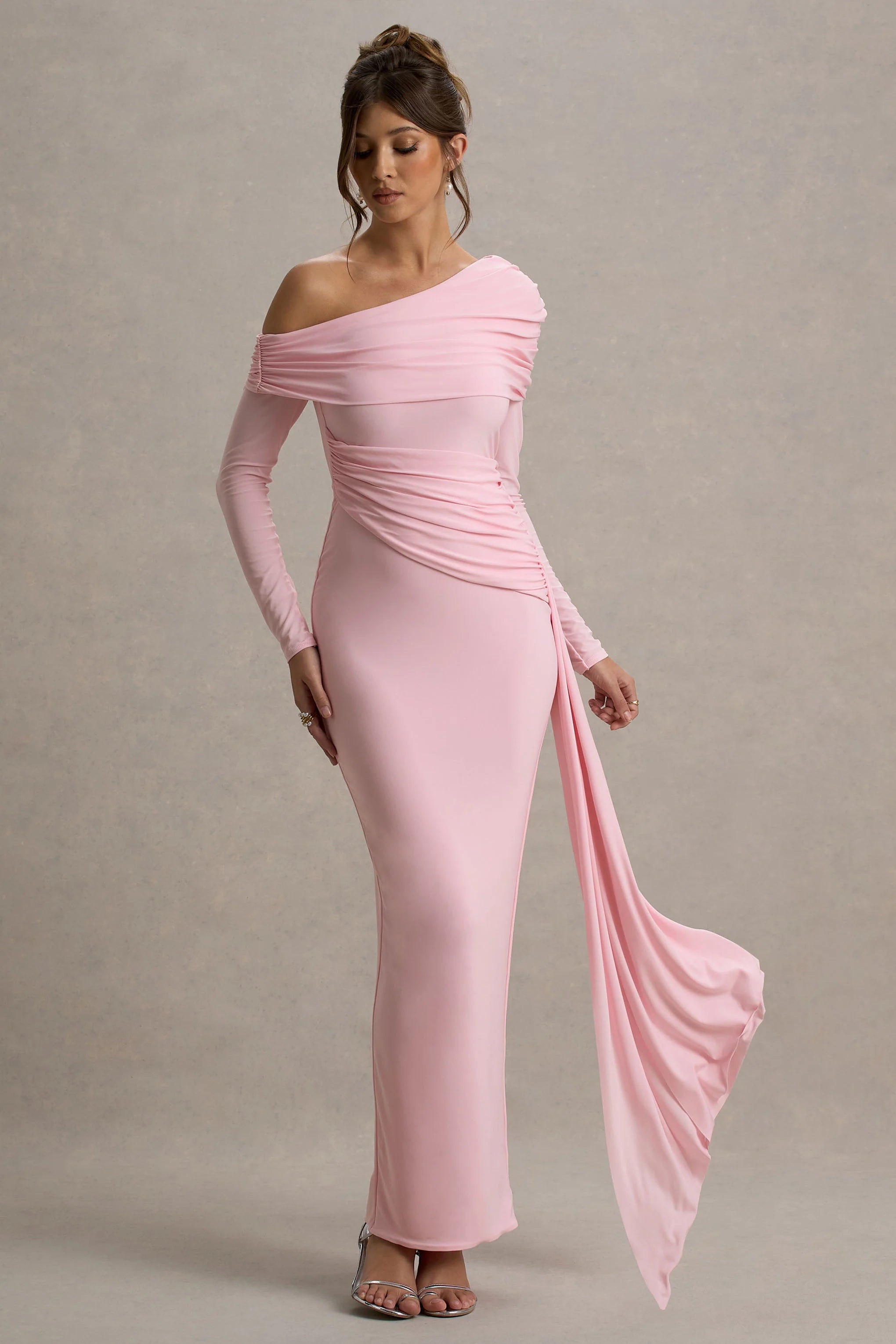 Valina | Pink Ruched Asymmetric Maxi Dress With Drape