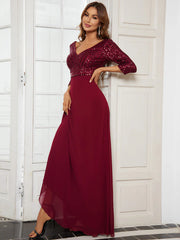 Sexy V Neck A-Line Sequin Evening Dresses with 3/4 Sleeve