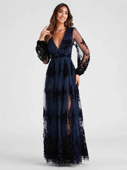 Evelyn Formal Plunge A-Line Dress - Blue