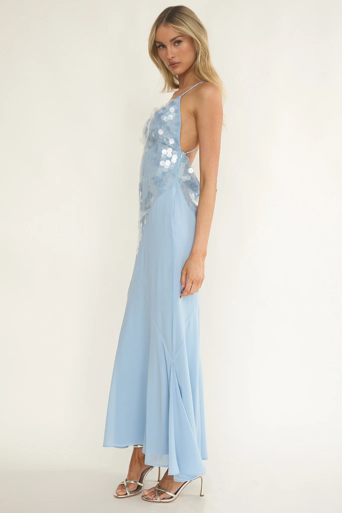 Meranda V-Neck Criss-Cross Maxi Dress Sequin Blue