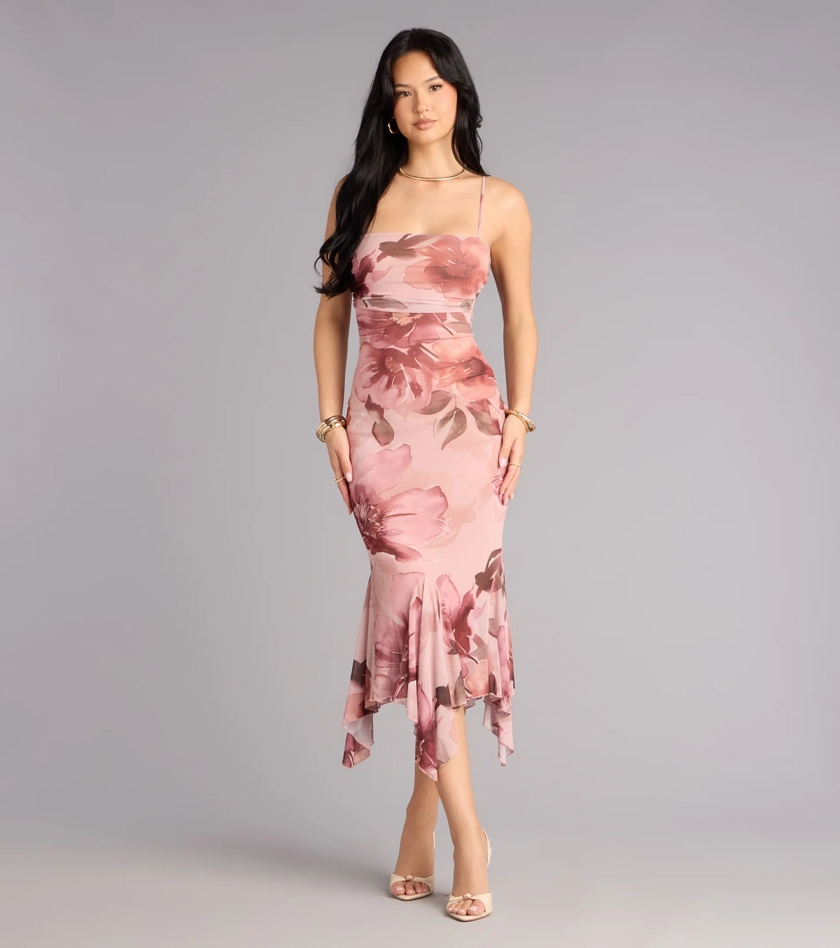 Sweet Flirt Floral Mesh Ruffle Midi Dress