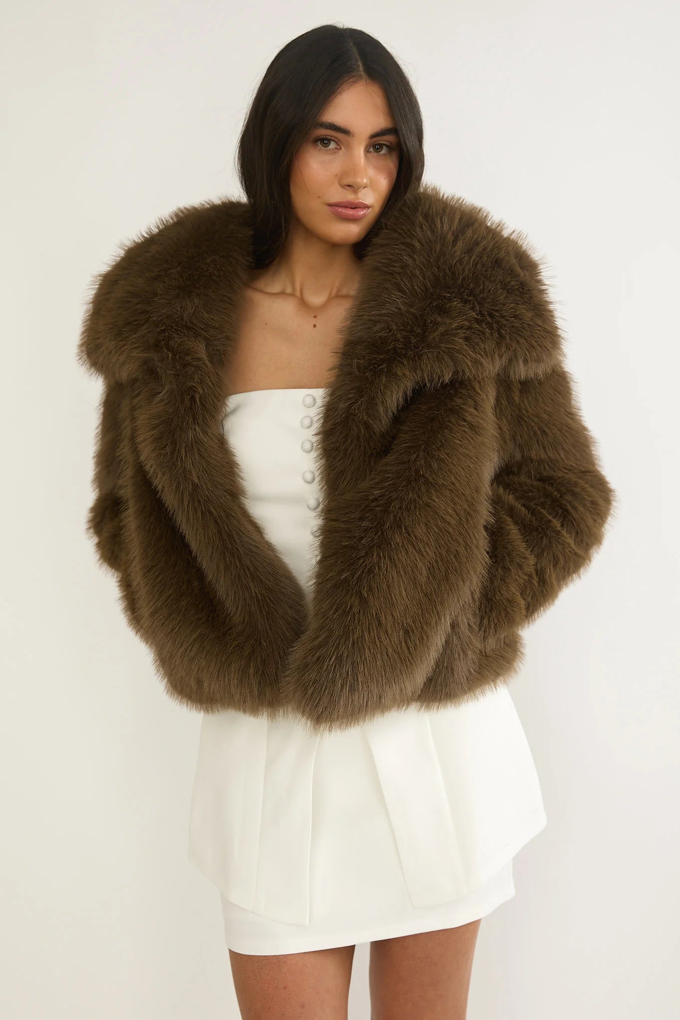 Harlequinn Oversized Lapel Faux Fur Jacket Coffee