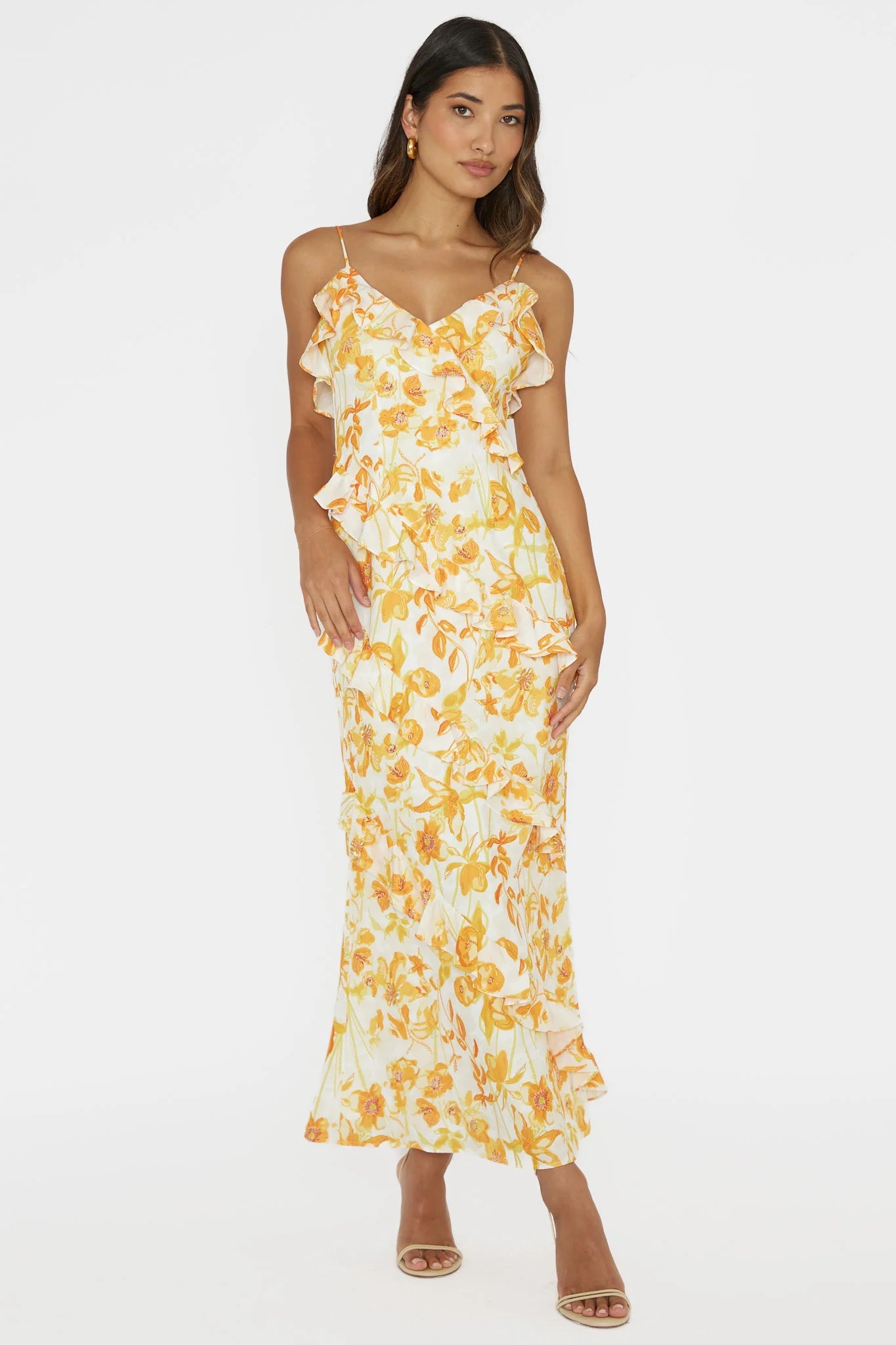 Silvana Frill Trim Midi Dress Floral Orange