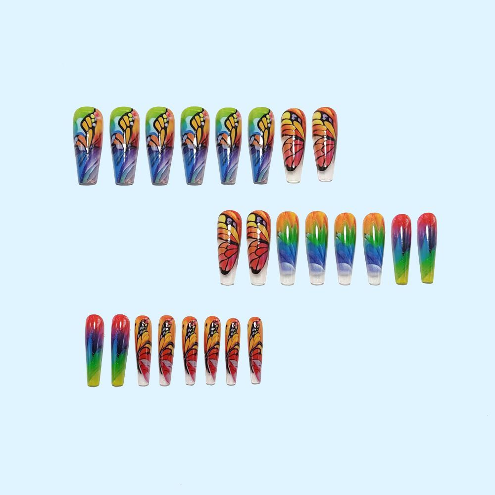 Long Press On Nails, Vibrant Rainbow Gradient with Butterfly Design, Reusable Nail Art