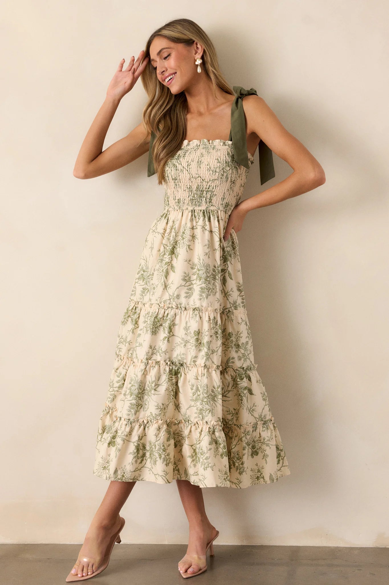 Green Floral Smocked High Waist Tiered Midi Dress