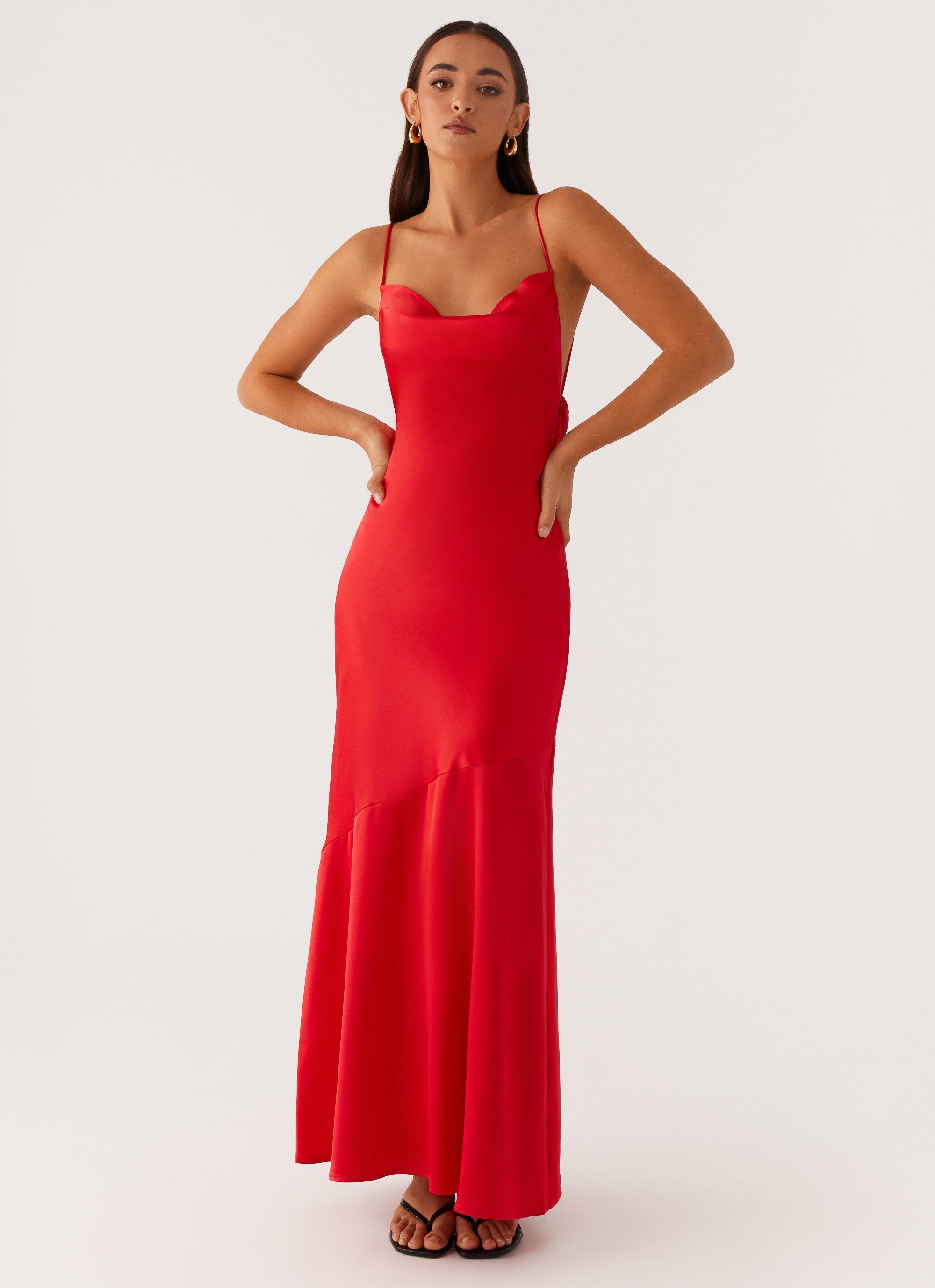 Alianna Cowl Neck Satin Maxi Dress - Red
