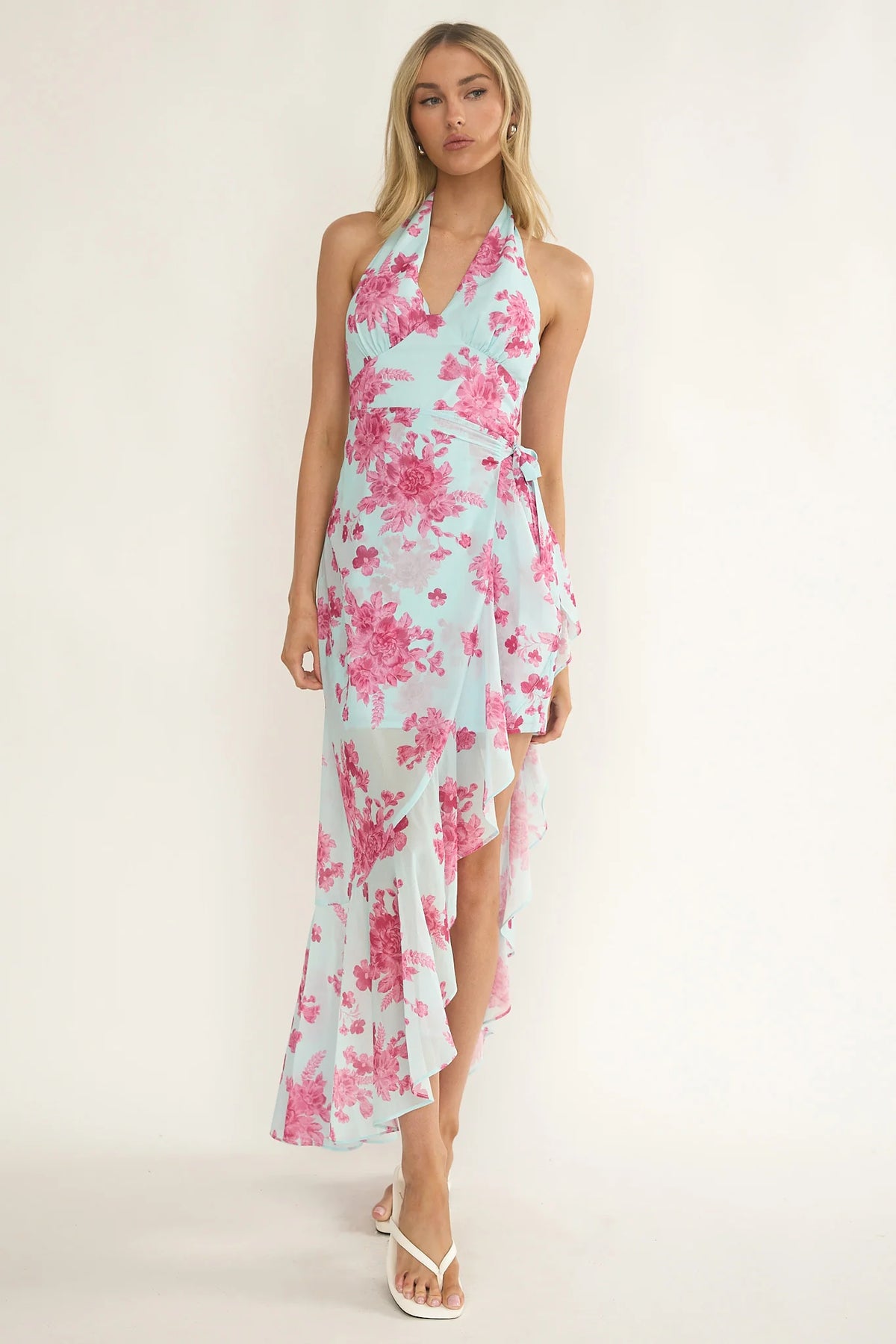 Nerida Waist Tie Asymmetric Dress Floral Ice Blue
