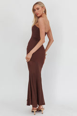 Calluna Strapless Sheer Godet Hem Maxi Dress Chocolate
