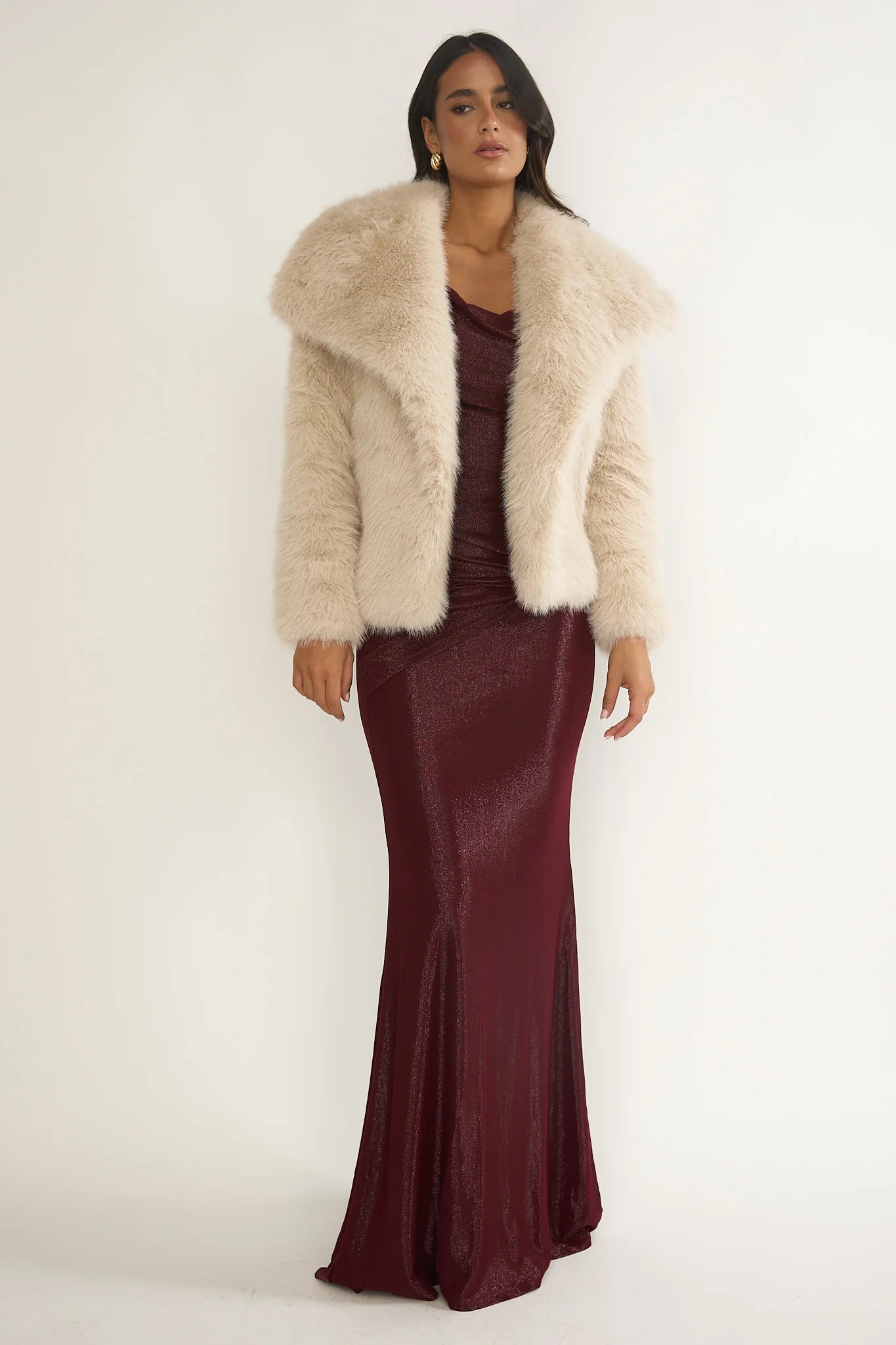 Harlequinn Oversized Lapel Faux Fur Jacket Taupe