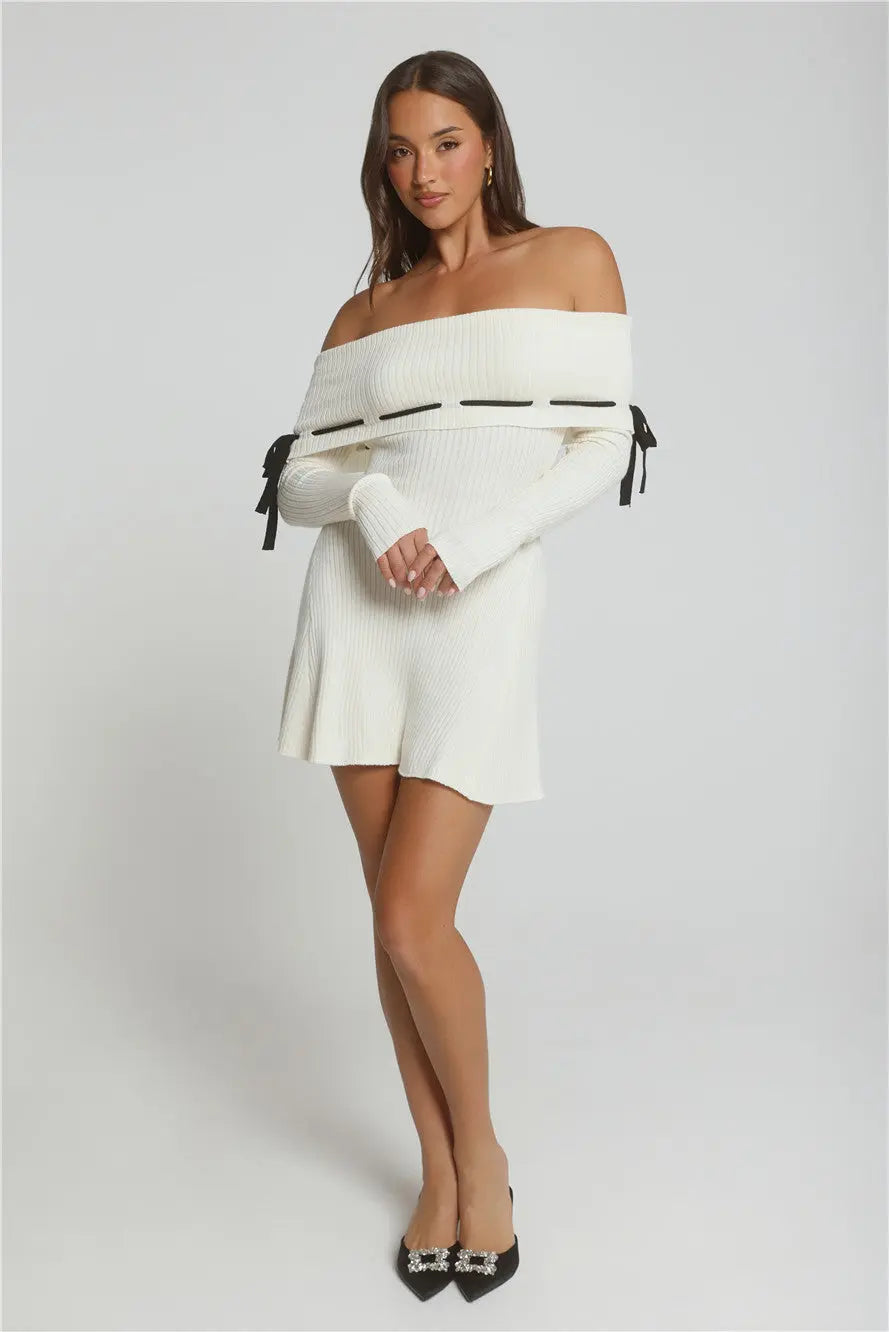 Winter Spice Off Shoulder Knit Mini Dress Cream