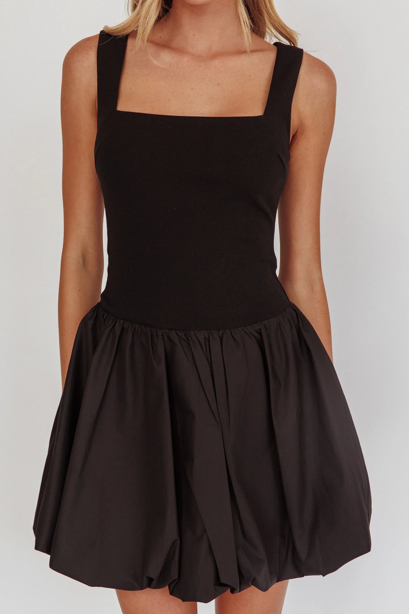 Like Art Square Neck Bubble Mini Dress Black