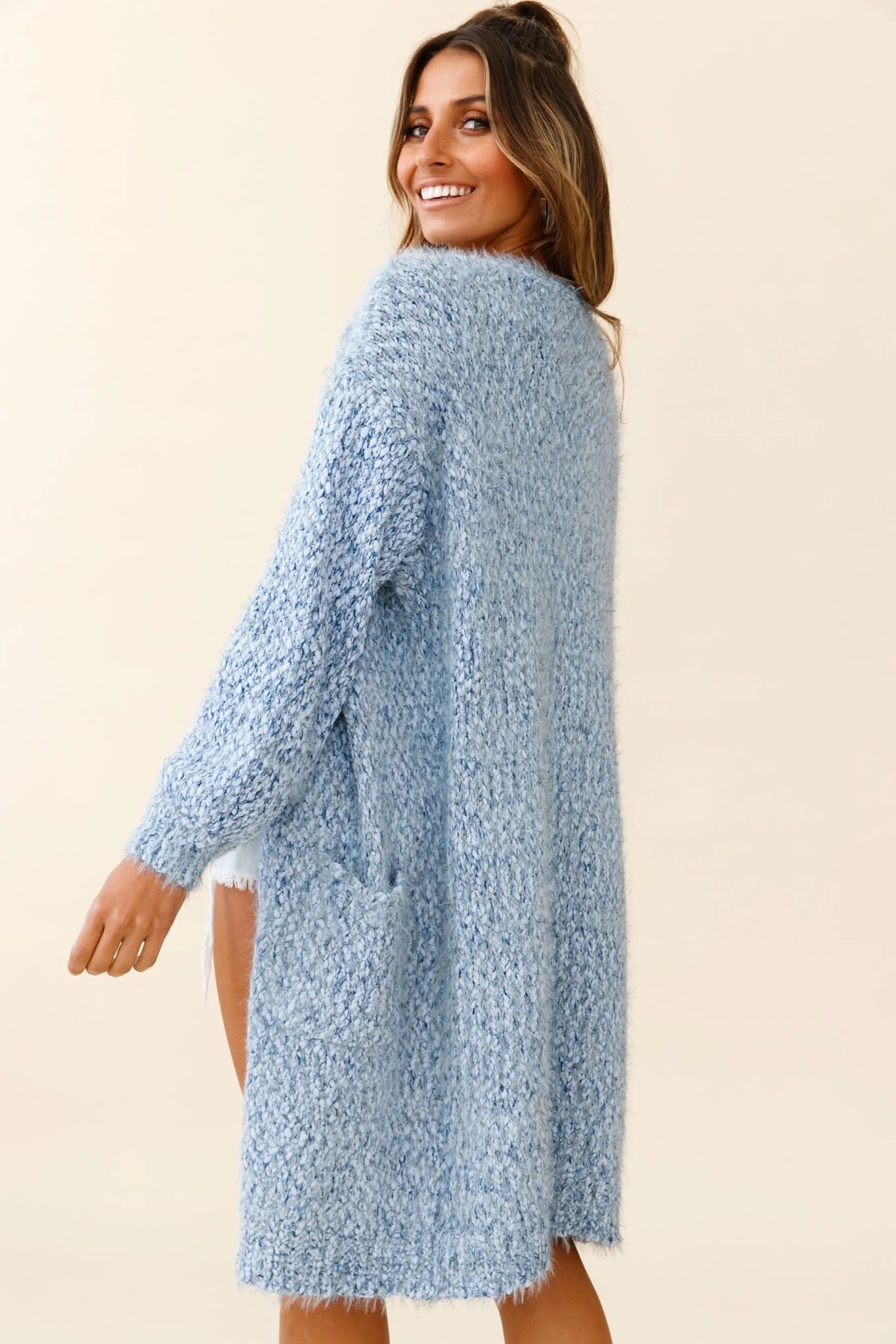 Take It Easy Long Sleeve Chunky Knit Duster Cardigan Blue