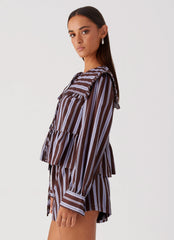 Emerson Tie Front Long Sleeve Top - Purple Brown Stripe