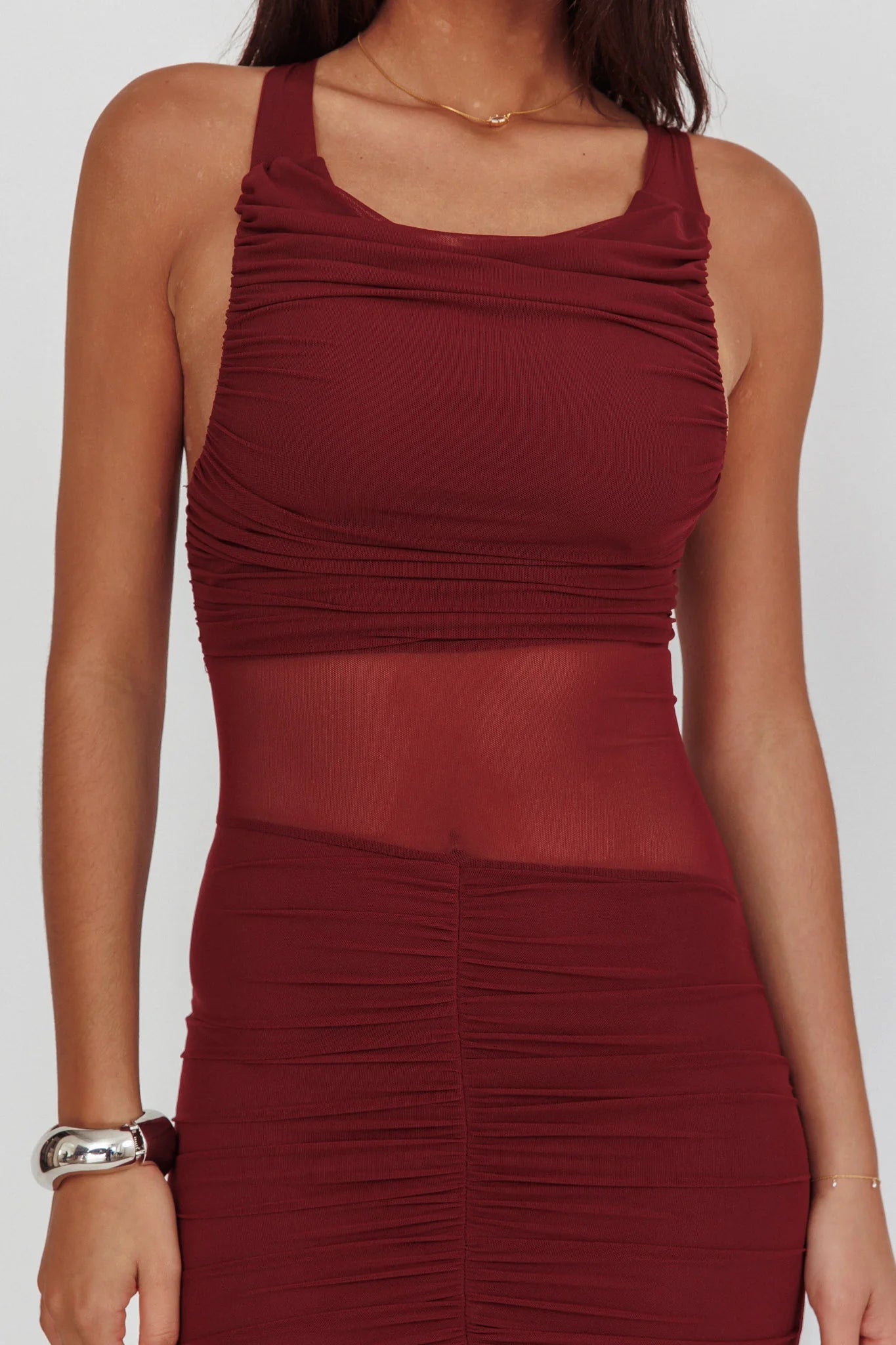 Sade Sheer Panel Ruched Maxi Dress Wine