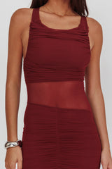 Sade Sheer Panel Ruched Maxi Dress Wine