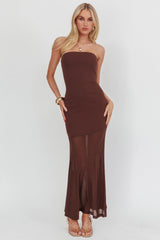 Calluna Strapless Sheer Godet Hem Maxi Dress Chocolate