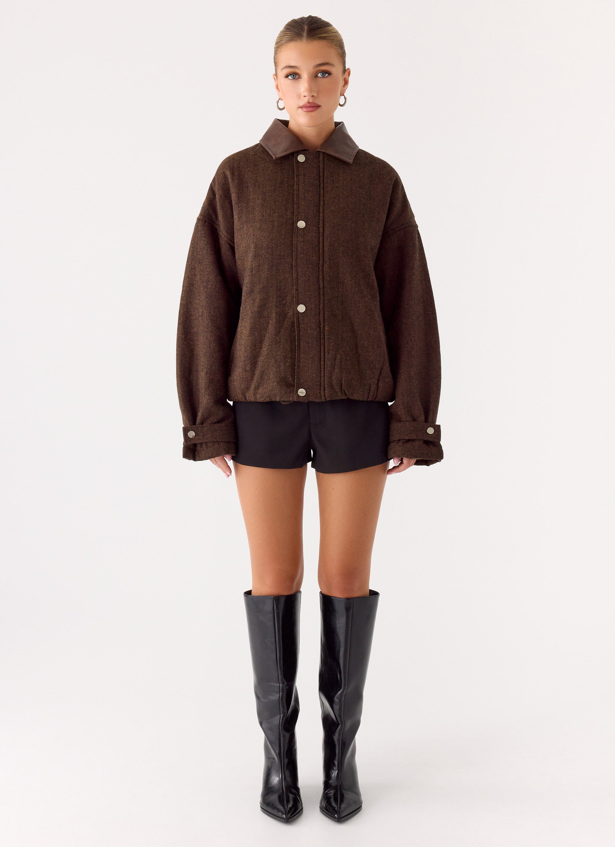 Myles Herringbone Bomber Jacket - Chocolate Herringbone