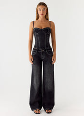 Nathan Denim Corset Top - Washed Black