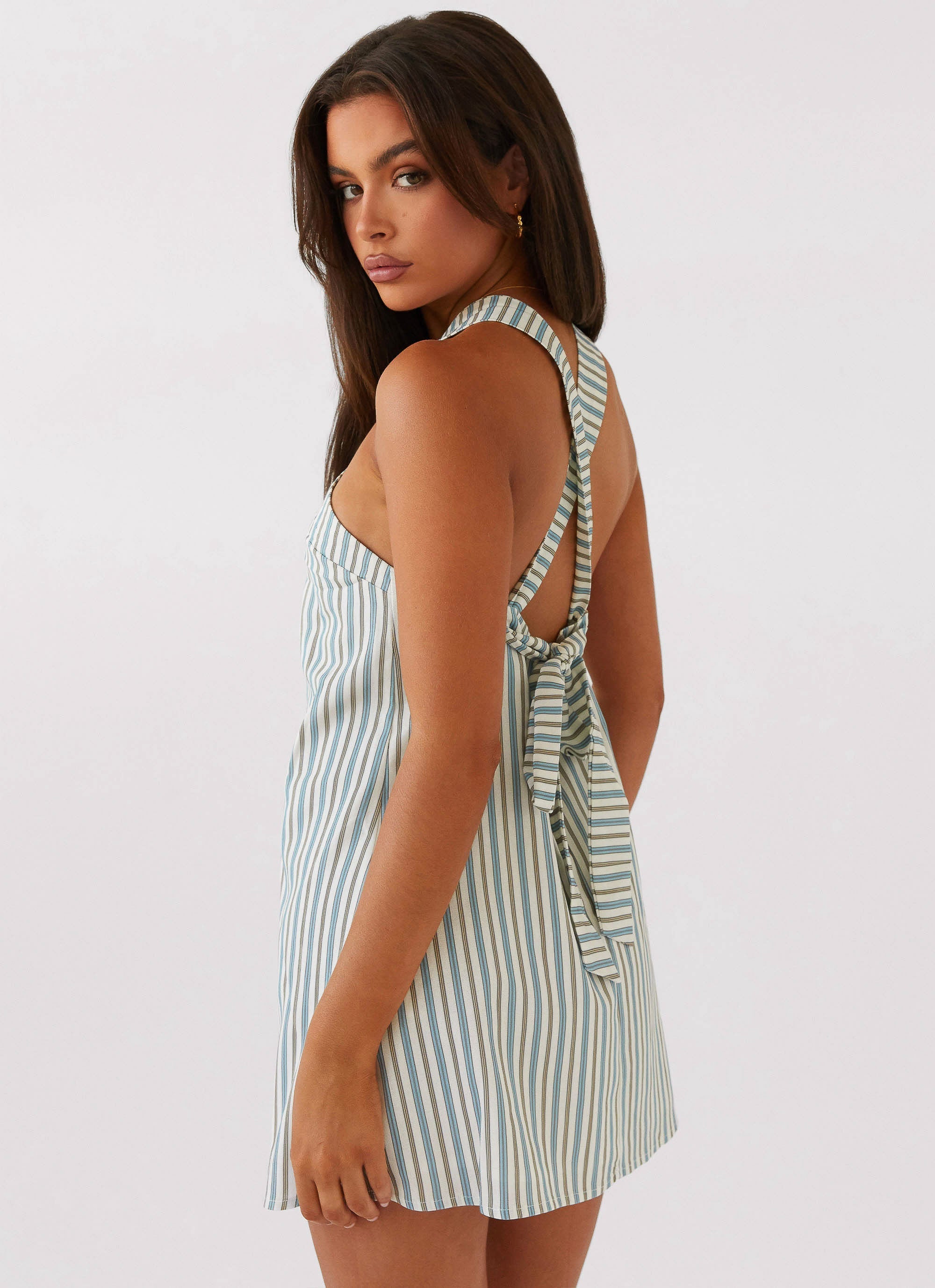 Keira Linen Micro Mini Dress - Blue Choc Stripe