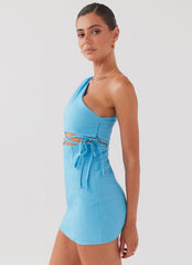 Memini One Shoulder Linen Mini Dress - Azure