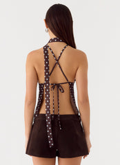 Quiero Backless Top - Chocolate Blue Dot