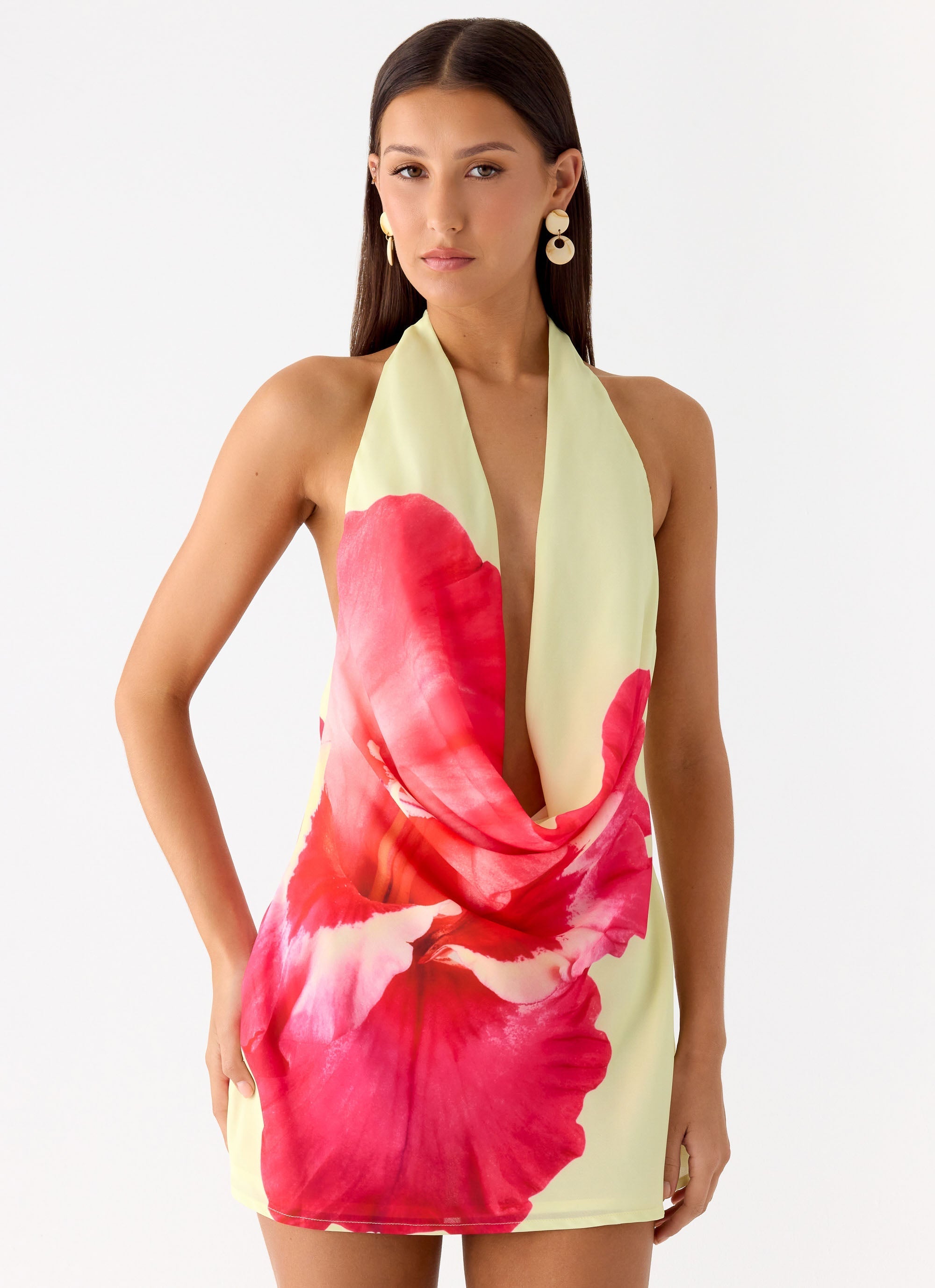 Varindra Cowl Mini Dress - Yellow Floral Spritz