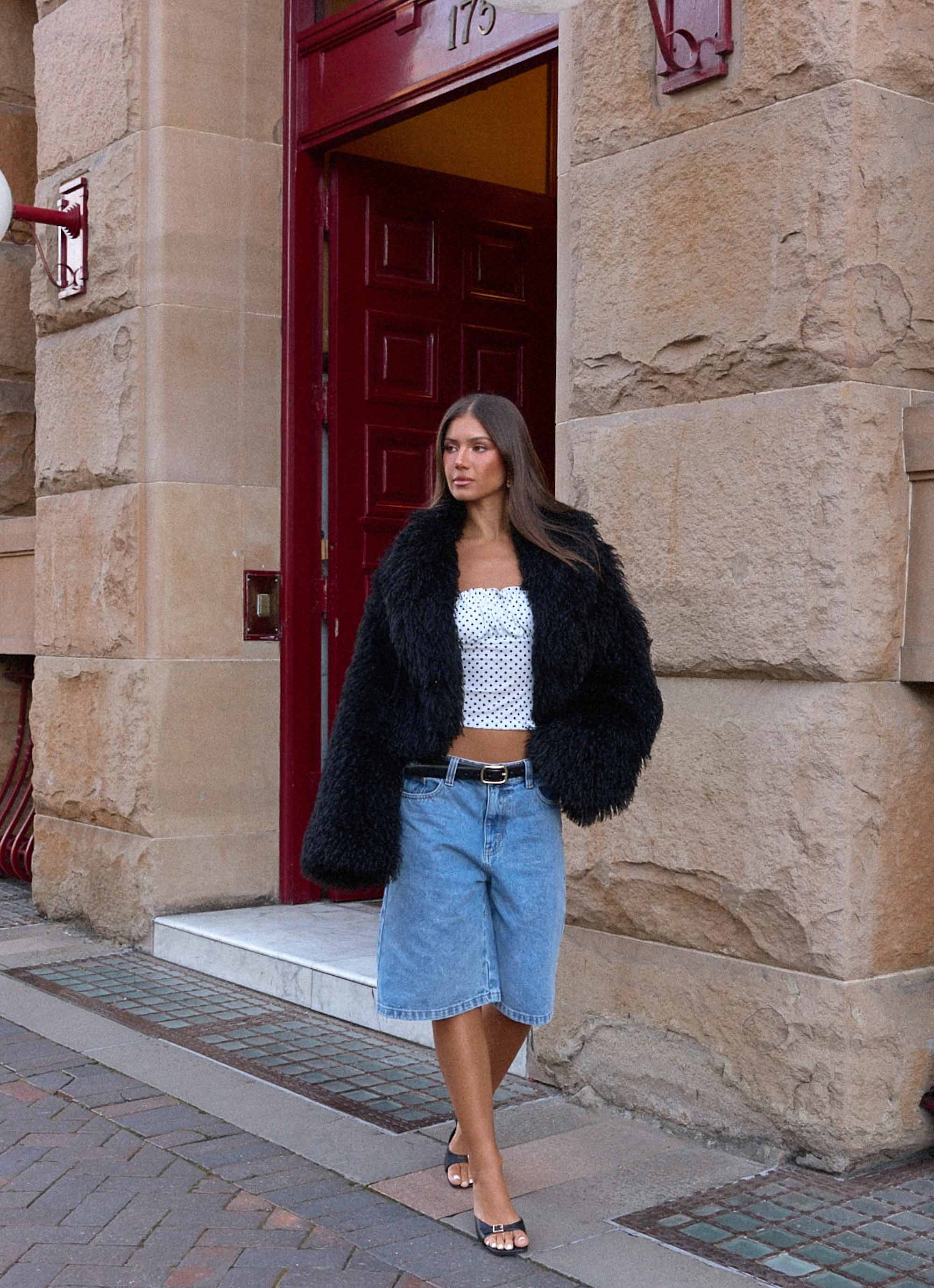 Virginia Cropped Faux Fur Jacket - Black