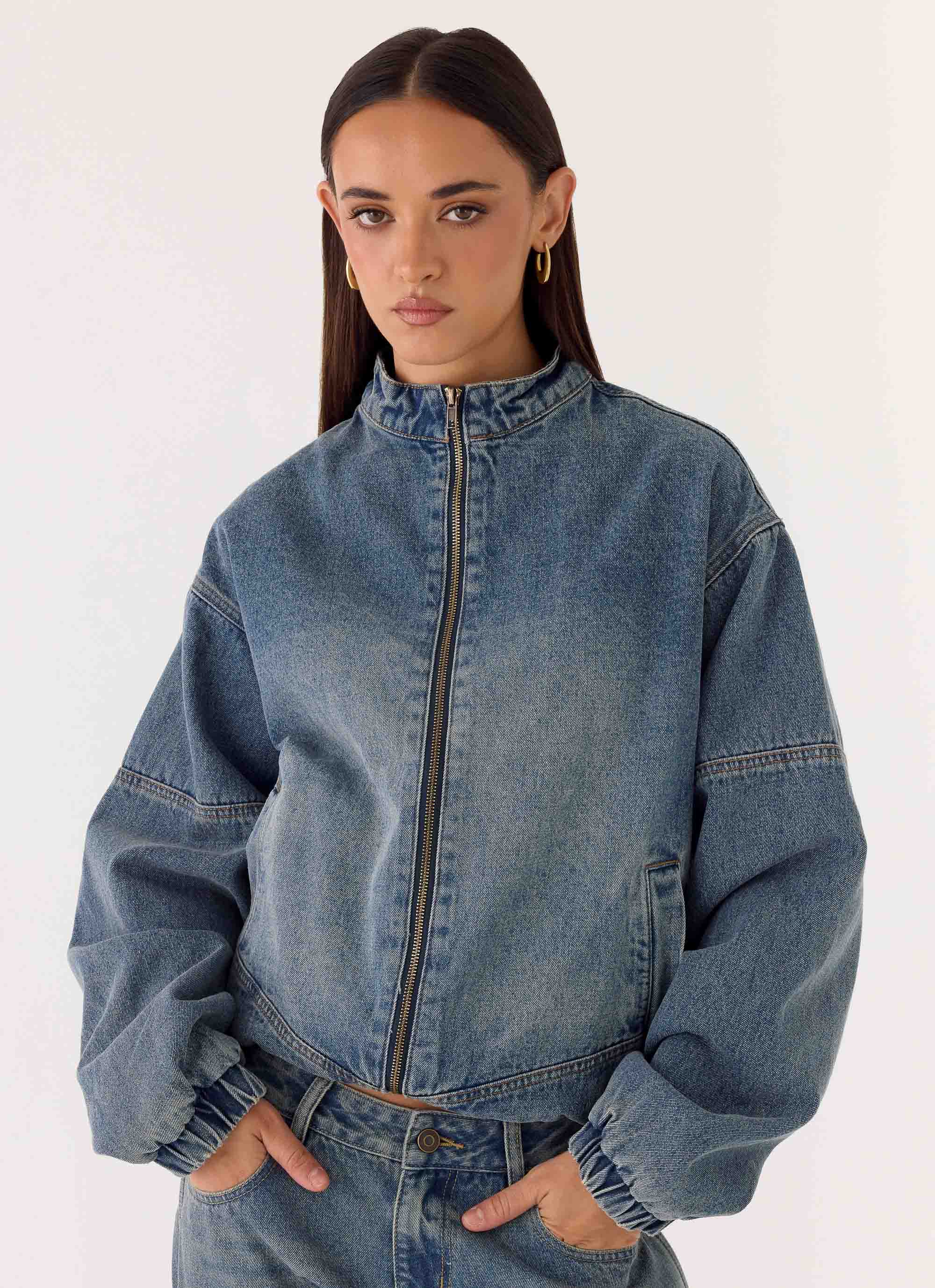 Waylon Denim Bomber Jacket - Mid Wash Blue