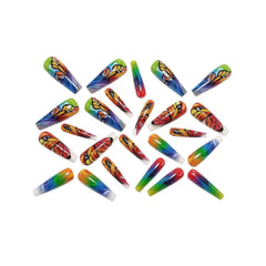 Long Press On Nails, Vibrant Rainbow Gradient with Butterfly Design, Reusable Nail Art