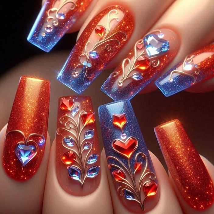 Luxury 3D Floral & Heart Press-On Nails-Elegant Valentine's Romantic Collection Custom Gel False Nails