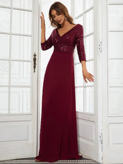 Sexy V Neck A-Line Sequin Evening Dresses with 3/4 Sleeve