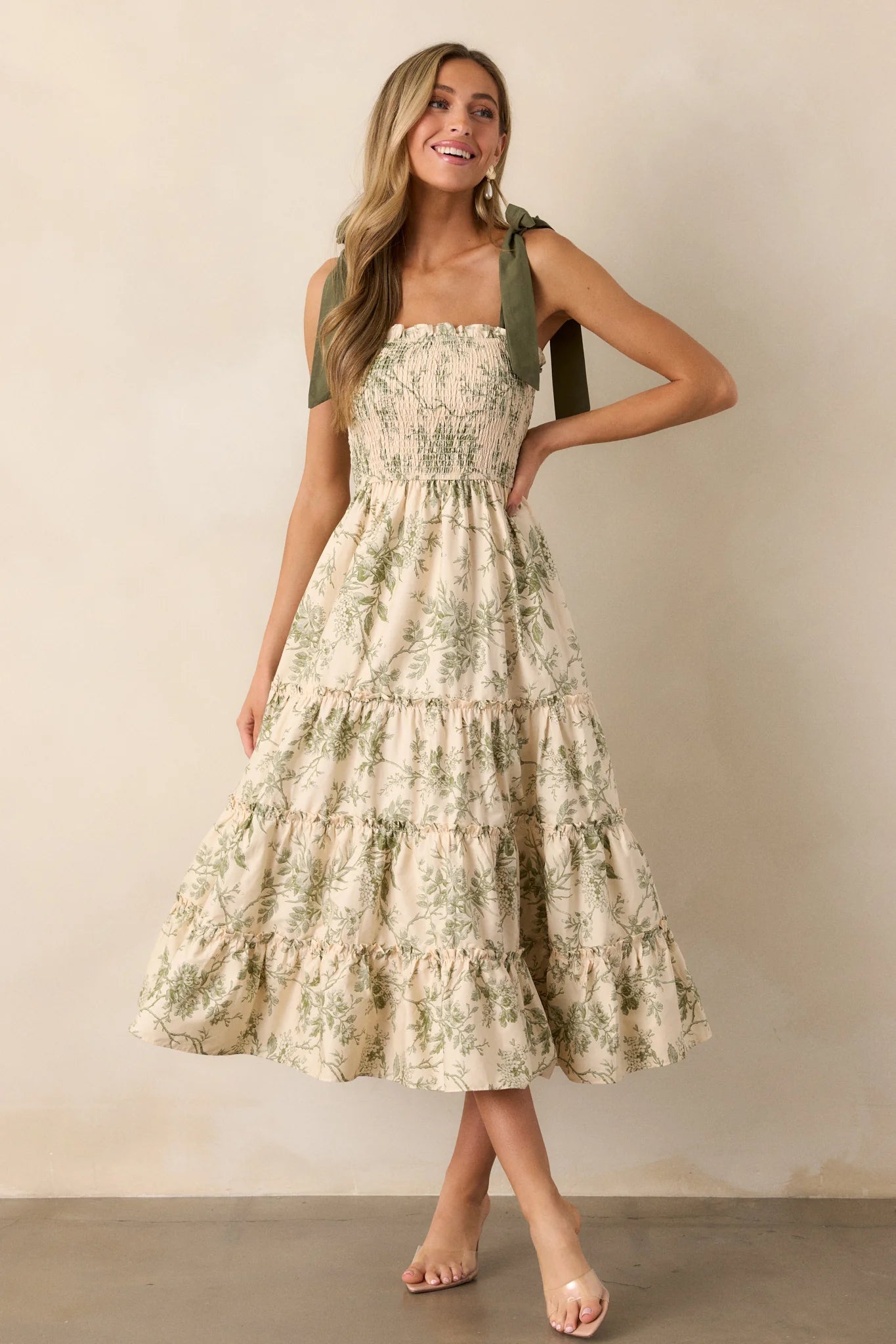 Green Floral Smocked High Waist Tiered Midi Dress