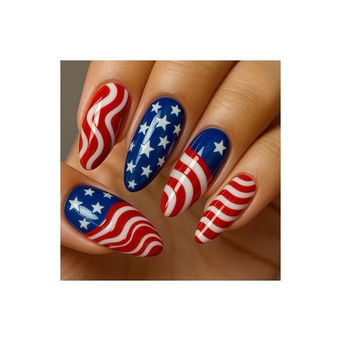 Independence Day Press On Nails, Classic Fashion Nails with Flag Stripes & Star Design