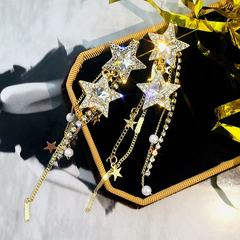 925 Sterling Silver Post Rhinestone Star Crystal Tassel Long Stud Earrings, 2026 Trendy Korean Style Elegant Dangle Earrings for Women