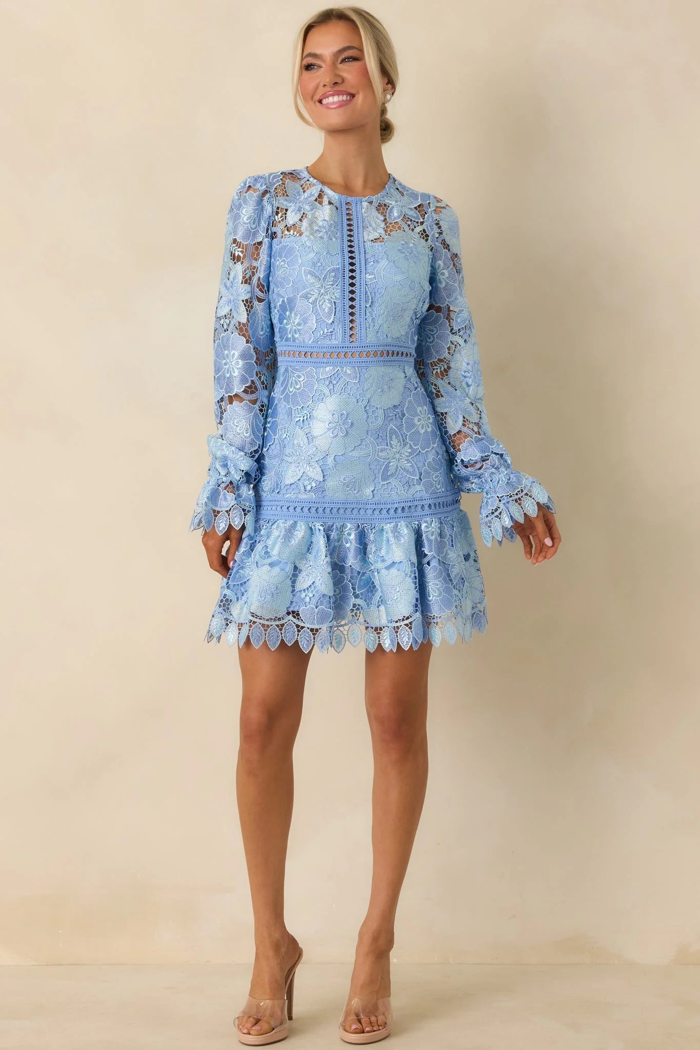 Keep It Authentic Light Blue Floral Embroidered Mini Dress