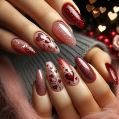 Luxury 3D Floral & Heart Press-On Nails-Elegant Valentine's Romantic Collection Custom Gel False Nails