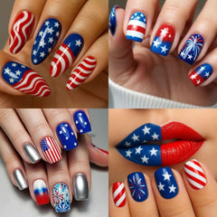 Independence Day Press On Nails, Classic Fashion Nails with Flag Stripes & Star Design