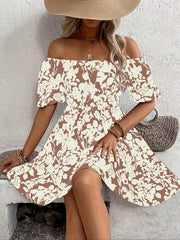 Short-sleeved Printed Off-shoulder Ruffle Dress