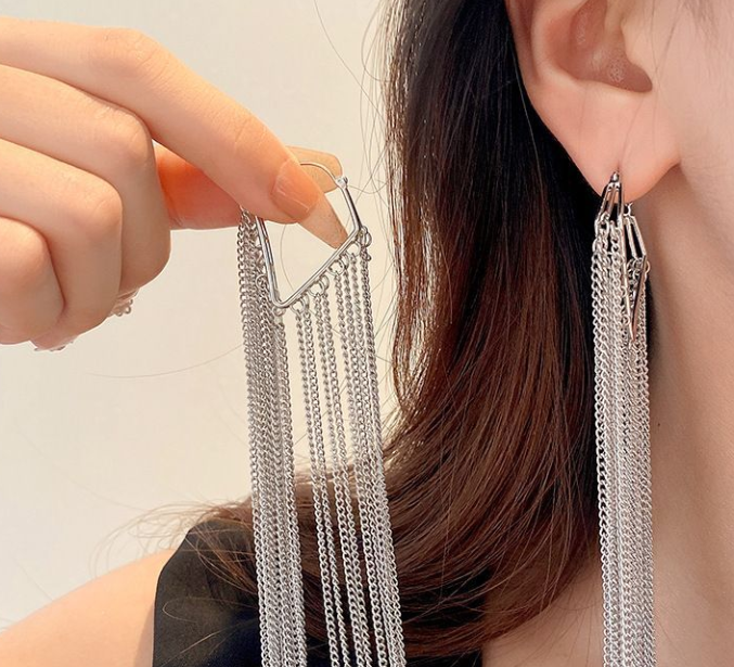Dazzling Silver Long Metal Tassel Ear Cuffs, Minimalist Unique Design Earrings, Trendy Versatile Jewelry