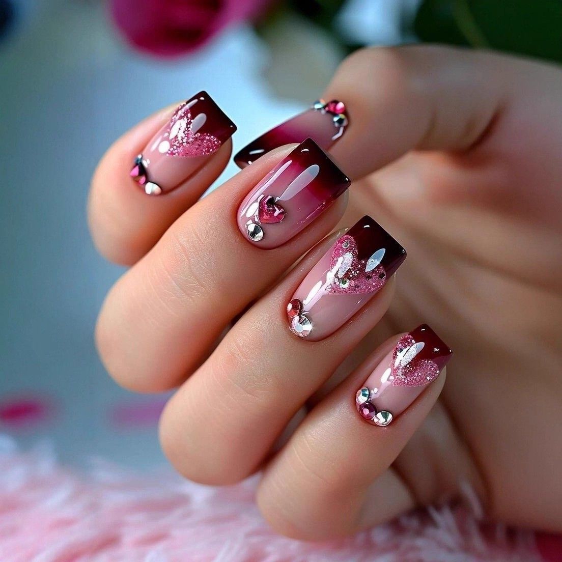 Luxury 3D Floral & Heart Press-On Nails-Elegant Valentine's Romantic Collection Custom Gel False Nails
