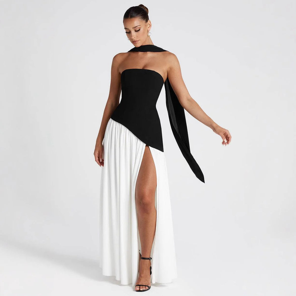 Pankh Stella Strapless Long Slit Party Wear Dress With White Scarf
