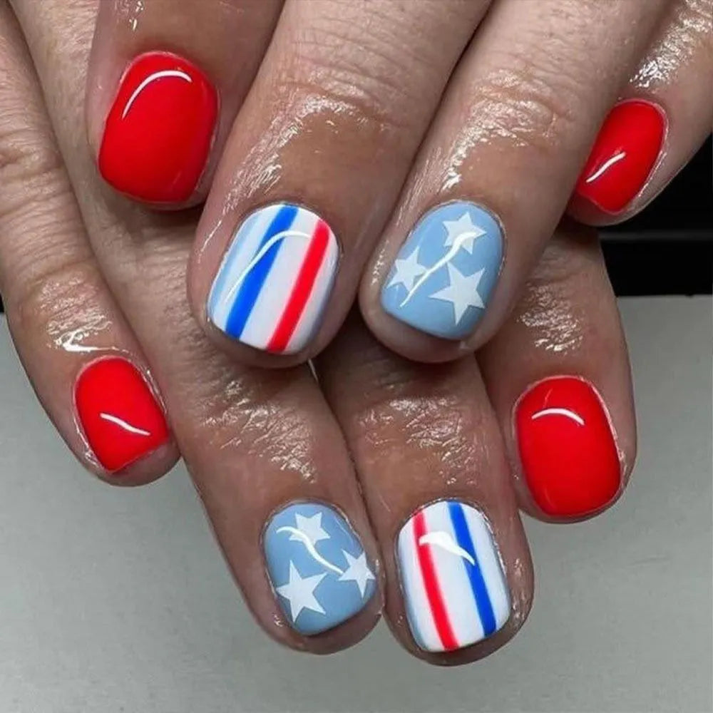 Independence Day Press On Nails, Classic Fashion Nails with Flag Stripes & Star Design
