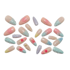 Seashell 3D Drip Glue Carved Gradient Press On Nails, Fresh Dopamine Floral Nails with Rhinestones, Ins Style Nail Art