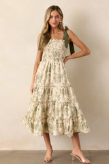 Green Floral Smocked High Waist Tiered Midi Dress