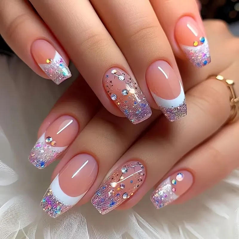 Sweet & Cool Style Broken Diamond French Press On Nails, Rainbow Nail Art
